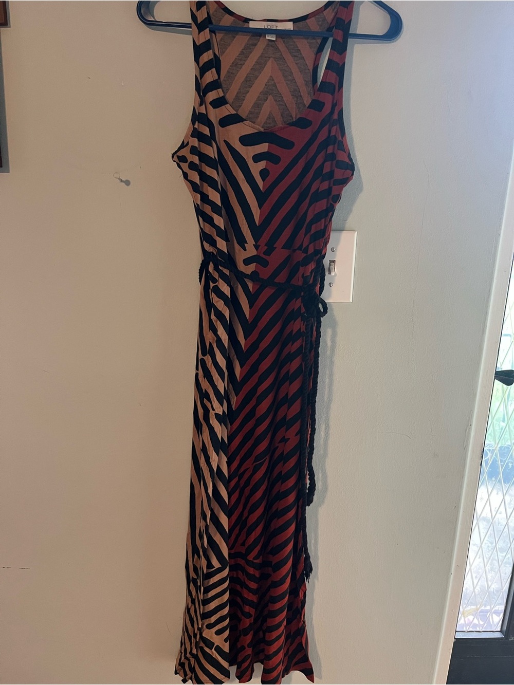 LOFT Tan and Black Striped Sleeveless Maxi Dress with Tie